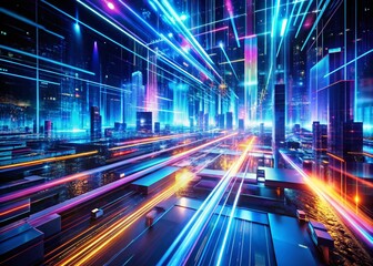 Fototapeta premium Vibrant aerial photography captures dynamic blue light streaks, set against a colorful perspective, merging futuristic elements with stunning visual