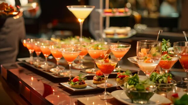 A beautifully arranged table with a variety of colorful cocktails and hors doeuvres at a formal event, Exquisite cocktails and hors d'oeuvres being served