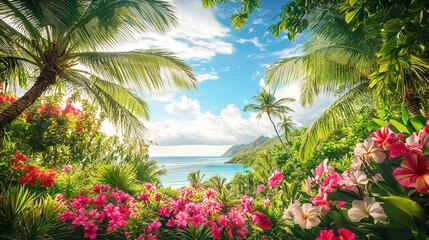 Fototapeta premium Vibrant Tropical Paradise with Lush Flowers and Clear Sea