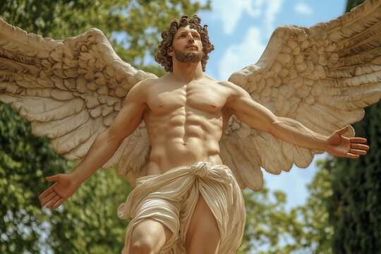fantasy angel sculpture with spread arms and wings and trees around, zephyrus god of west wind, photorealistic