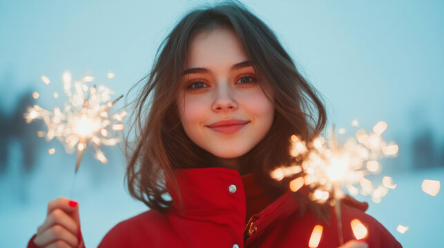 Russian woman in red jacket joyfully celebrating New Year with sparklers