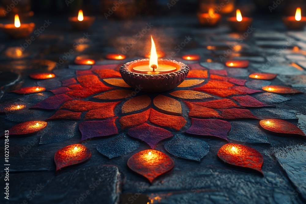 Poster clean and minimalistic portrayal of diwali featuring a beautiful rangoli design made of colored powd