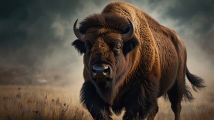 a powerful fierce bison, its massive horns curving upwards and its thick fur dusted with dirt. The bison's piercing eyes and determined expression convey a sense of strength and resilience.