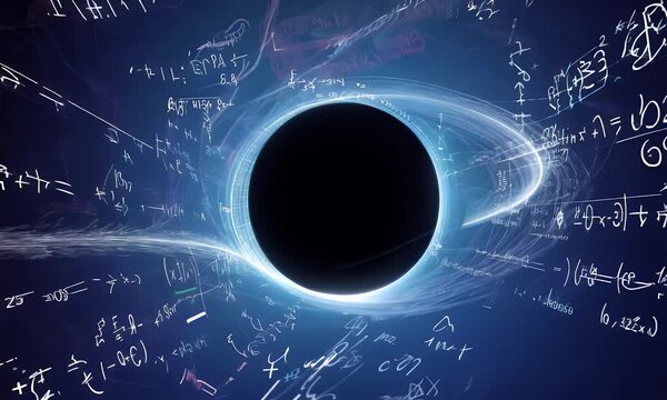 Black background with mathematical formulas and a black hole, complemented by swirling vortex patterns.