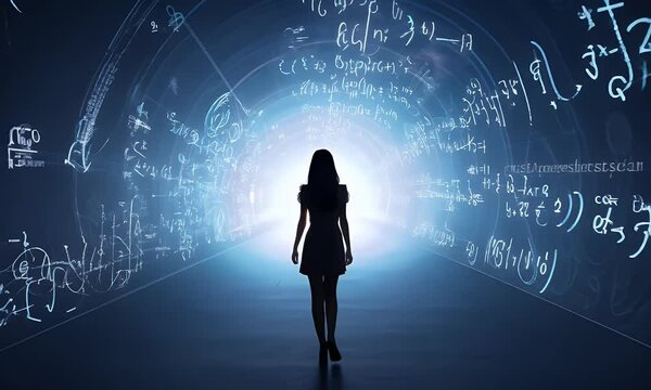 A model walking through a tunnel with mathematical formulas and equations representing the concept of infinity.