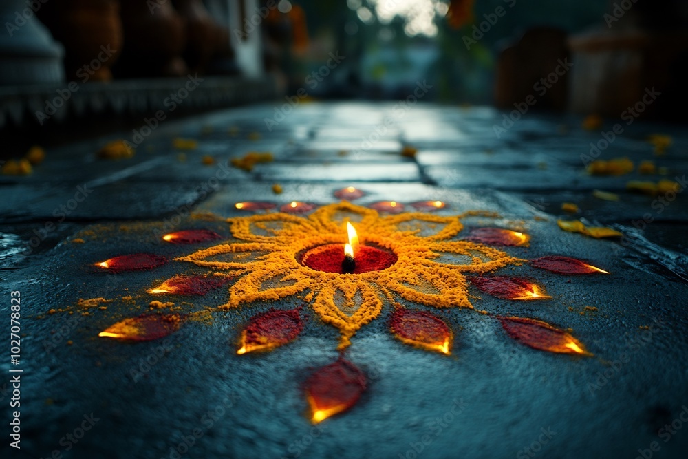Poster clean and minimalistic portrayal of diwali featuring a beautiful rangoli design made of colored powd