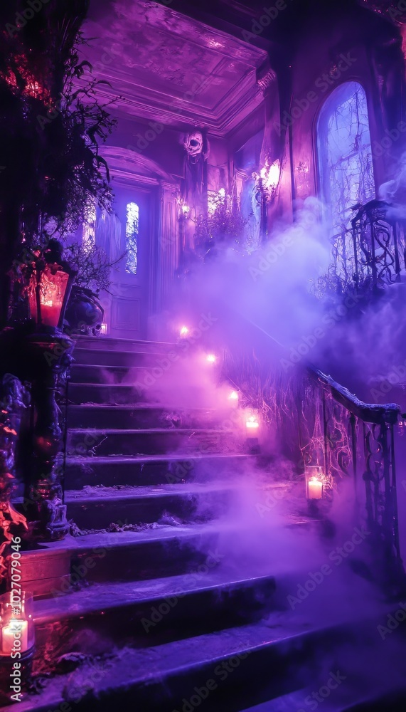 Wall mural A grand staircase with ornate railings, illuminated by candles and bathed in purple and blue light.