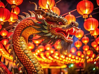 Fototapeta premium Vibrant Chinese New Year Dragon with Red Lanterns and Calligraphy Celebration