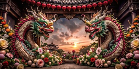 Obraz premium Vibrant Chinese New Year Celebration with Dragons and Floral Decor
