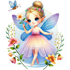 Fairy girl with wings and floral crown surrounded by flowers and butterflies. Watercolor isolated on transparent background.