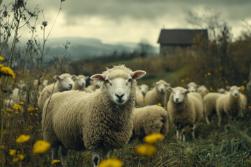 Fototapeta premium Fluffy sheep grazing in a tranquil rural landscape under a cloudy sky
