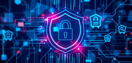 Obraz premium Cyber security shield with padlock and circuit design for protecting data and technology