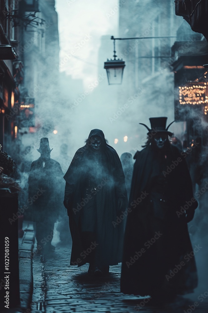 Sticker A group of figures in black cloaks and masks walk down a foggy street in a city.