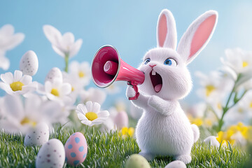 Fototapeta premium A cute white bunny with a megaphone surrounded by colorful eggs and flowers in a vibrant setting.
