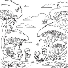 Children Exploring Nature in Forest Illustration