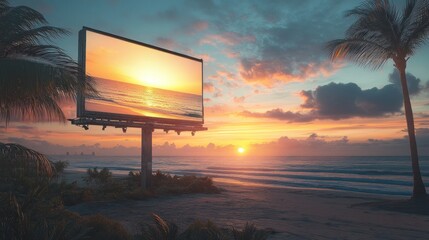 A luxurious billboard on a beachfront promenade during sunset with an ocean view.