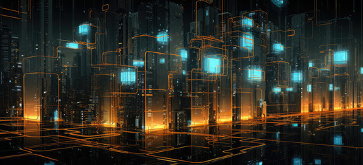 Obraz premium Futuristic Cyber Cityscape with Glowing Neon Lights