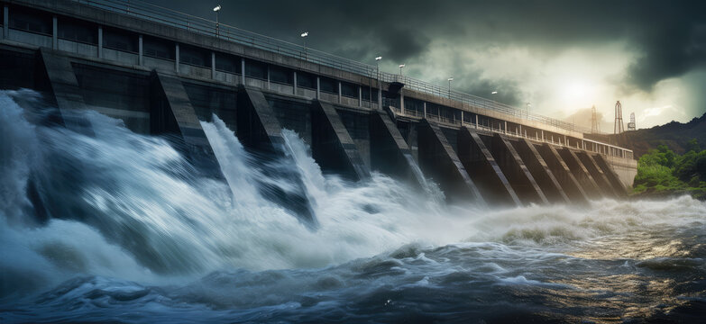 Majestic Hydroelectric Dam During Heavy Water Discharge