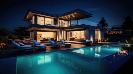 Fototapeta premium Modern Luxurious Villa with Pool Under Night Sky