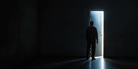 Obraz premium A silhouetted figure stands in a dark room, backlit by light streaming through an open door, symbolizing hope, opportunity, or transition in a subdued setting.