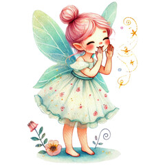 Fairy girl with green wings in a matching dress. Fantasy character design for decoration.