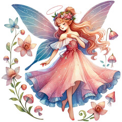 Fairy girl with wings and floral crown surrounded by flowers and butterflies. Watercolor isolated on transparent background.