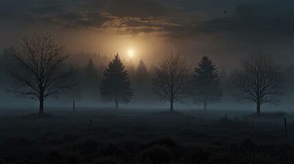 Fototapeta premium Dawn Mist and Pine Trees: Atmospheric Foggy Landscape