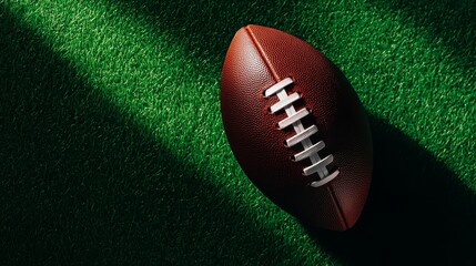 Obraz premium American football placed on natural green field grass, photographed from above with ample room for text, shadow casting softly beneath the ball