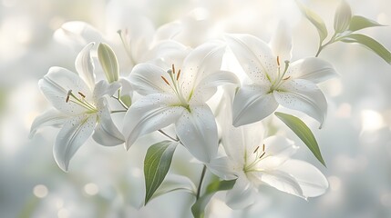 Obraz premium Artistic arrangement of white lilies, soft focus and bright white background, emphasizing purity and natural elegance