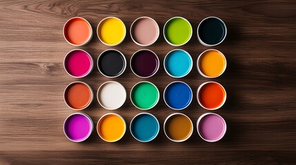 Assorted paint cans in bold colors, wooden table background, neatly arranged palettes, vibrant artistic scene, overhead shot