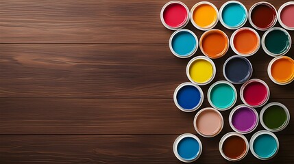 Assorted paint cans in bold colors, wooden table background, neatly arranged palettes, vibrant artistic scene, overhead shot