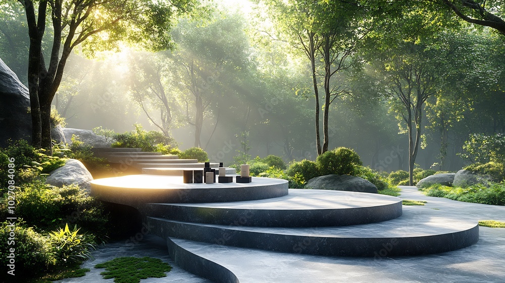 Poster creative podium design in the shape of a spiral stone platform with organic cosmetic products restin