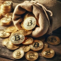 A burlap sack spills golden coins symbolizing cryptocurrencies on a rustic wooden table highlighting financial innovation.