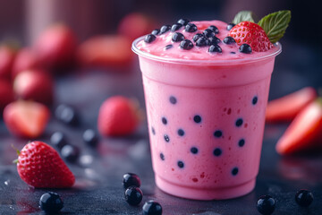 Tasty pink bubble tea with black pearls and strawberries on dark surface