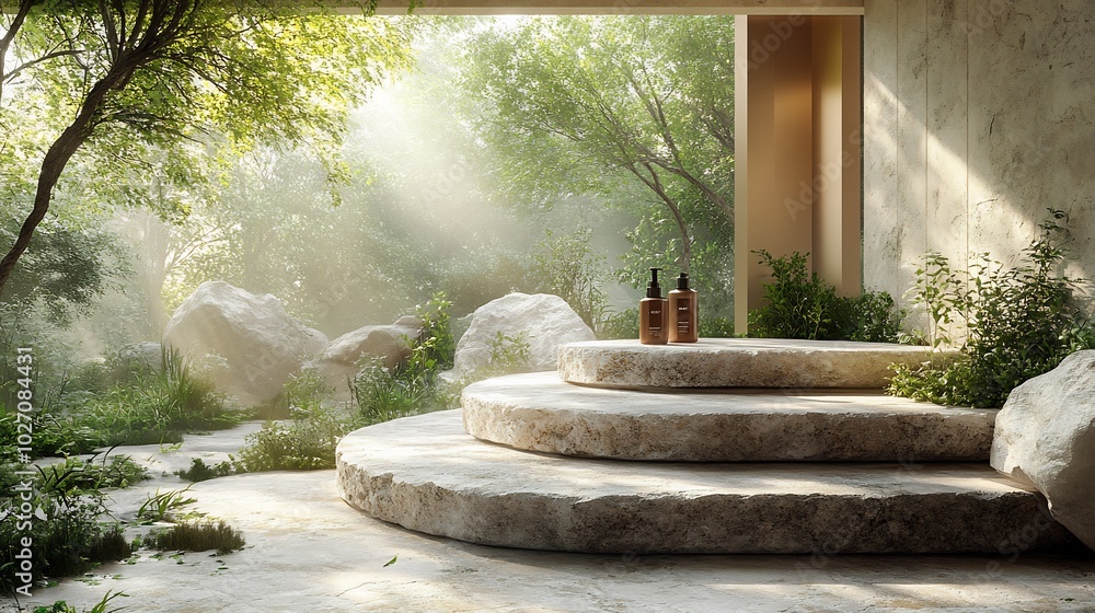 Poster creative podium design in the shape of a spiral stone platform with organic cosmetic products restin
