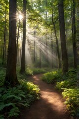 A path through a magical forest where light and shadow dance together.