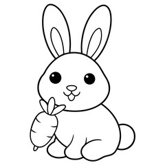 simple icon Children coloring book page, line art, monochrome black and white, cartoon outline cute style, illustration of a rabbit