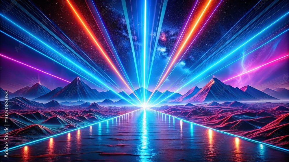 Poster vibrant neon backdrop featuring ascending blue glowing lines, creating a colorful display of laser r