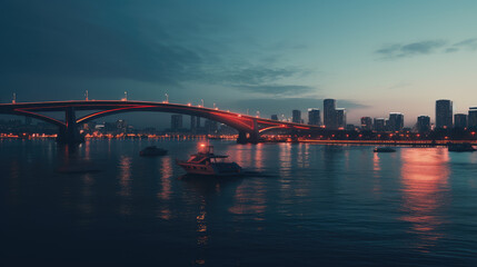 Obraz premium Twilight Serenity Over Urban Waterscape