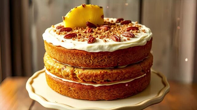 Delicious two-layered cake decorated with pecans and a pineapple slice, resting on a white cake stand. The cake is presented on a rustic wooden table, perfect for a celebratory occasion.
