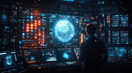 AI-driven weather control system, altering weather patterns with holographic displays