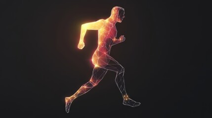 Abstract silhouette of a running man, RUN. written on a blue background, with glowing elements, a vector illustration in a tech style, low-poly design, full-body view, and detailed 