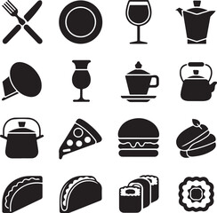Catering icon set. Containing fork, spoon, knife, plate, cloche, tray, chef hat, beverage, food, dining table, and waiter. Cutlery or tableware in restaurant. Vector illustration, silhouette