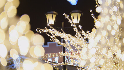 Christmas lights illuminating street lamp at night