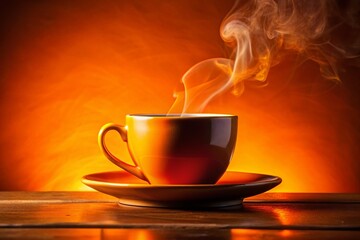 Obraz premium Vibrant Orange Cup of Coffee or Tea with Steam Against a Warm Orange Background