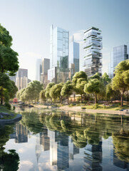 Obraz premium Modern Urban Oasis with Reflective Waterfront View