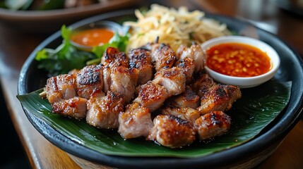 Grilled meat with sauces on banana leaf plate