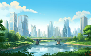 Fototapeta premium Urban Oasis: Serene City Skyline and Riverside Park