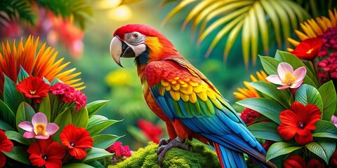 Obraz premium Vibrant Parrot Ara Among Tropical Flowers - Exotic Nature Photography