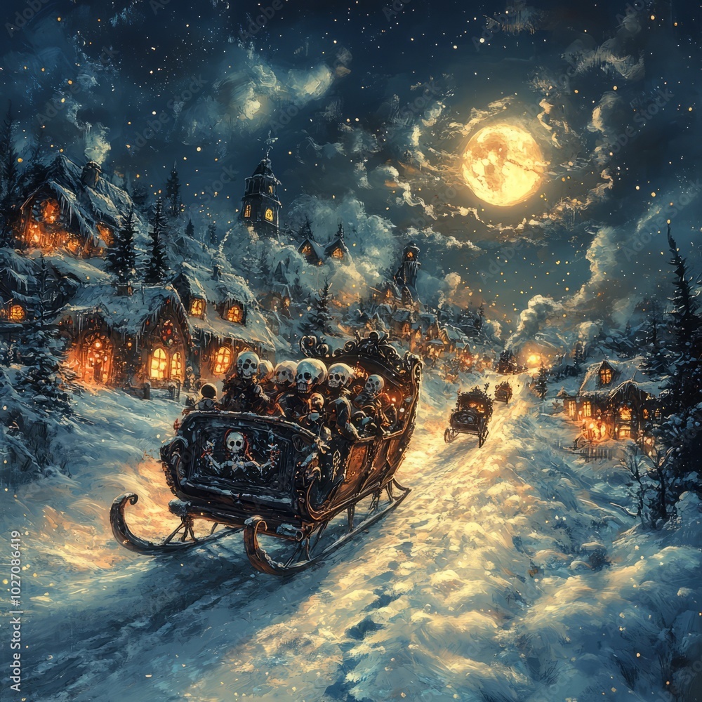 Sticker A group of skeletons ride a sleigh through a snowy village under a full moon.